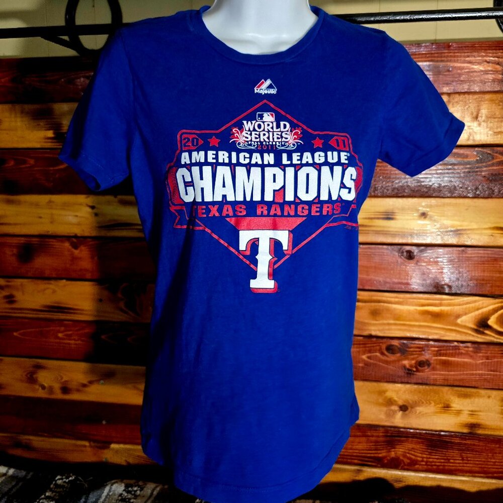 Majestic Texas Rangers 2011 World Series AL Champions Graphic Tee Shirt Blue S
